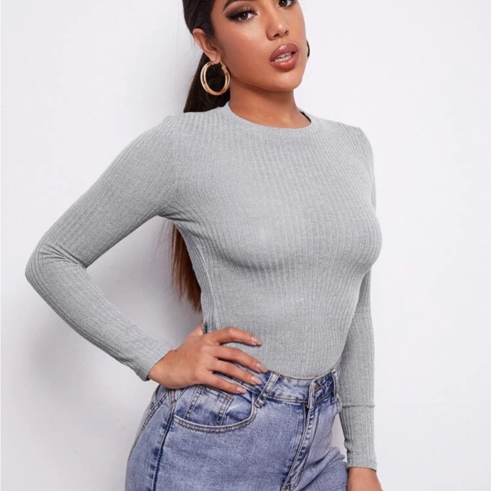 Gray Ribbed Long Sleeve Top